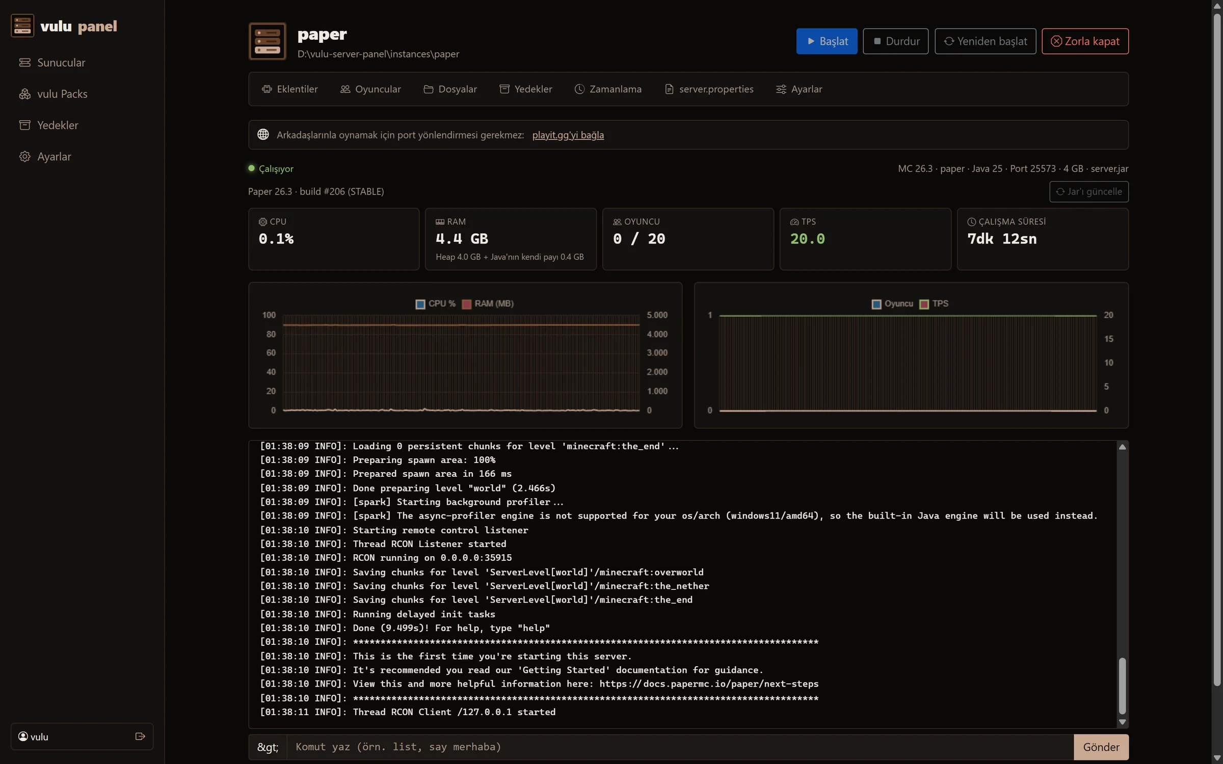 vulu Server Panel'de çalışan bir sunucunun sayfası